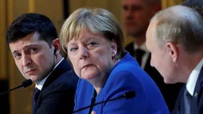 Украинският лидер Володимир Зеленски германският канцлер Ангела Меркел и Владимир