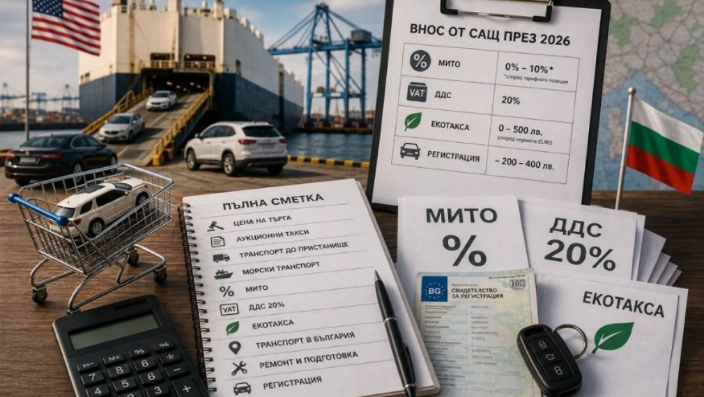Пълна сметка за внос от САЩ през 2026: мито, ДДС 20%, екотакса и регистрация
