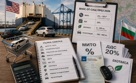 Пълна сметка за внос от САЩ през 2026: мито, ДДС 20%, екотакса и регистрация